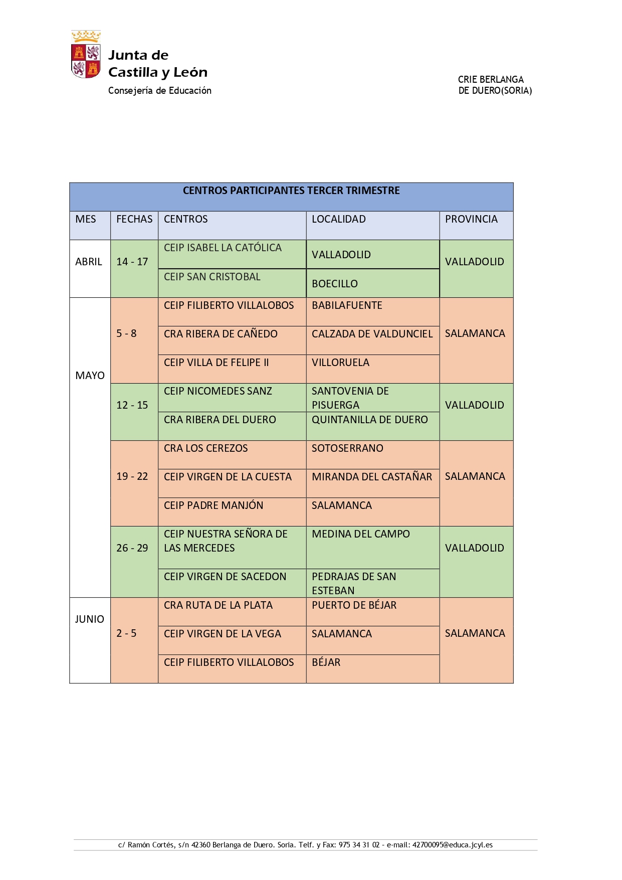 Calendario participación TercerTrimestre